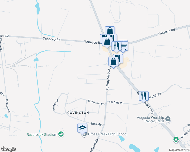 map of restaurants, bars, coffee shops, grocery stores, and more near 1236 Longpoint Drive in Augusta