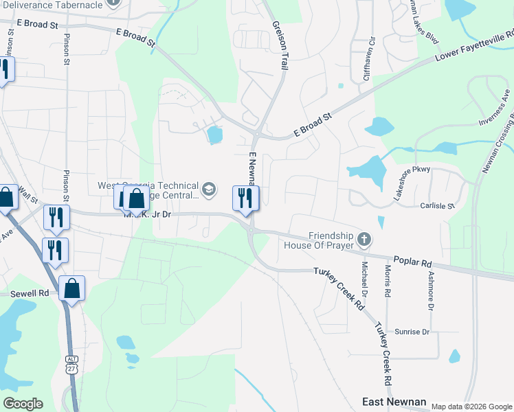 map of restaurants, bars, coffee shops, grocery stores, and more near 228 Preserve Drive in Newnan