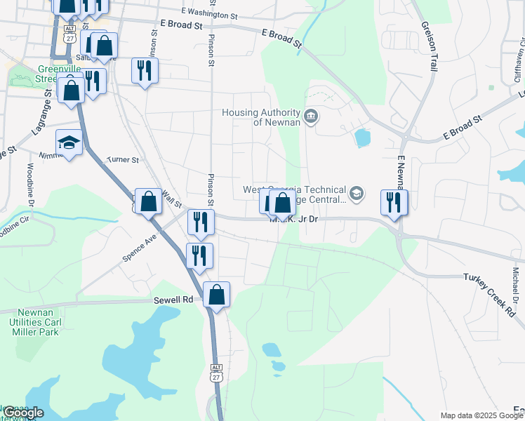 map of restaurants, bars, coffee shops, grocery stores, and more near 27 Mary Ann Street in Newnan