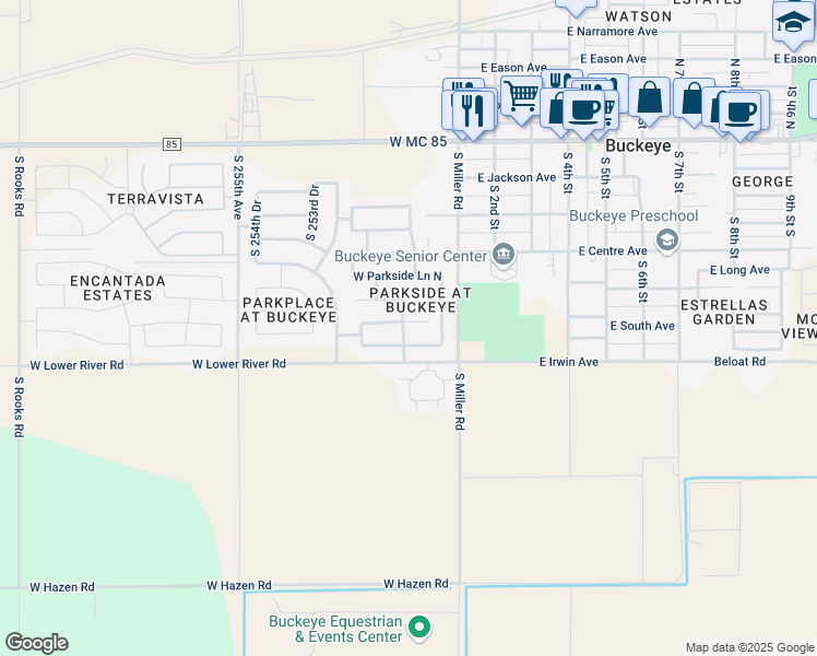 map of restaurants, bars, coffee shops, grocery stores, and more near 25193 West Cranston Lane in Buckeye