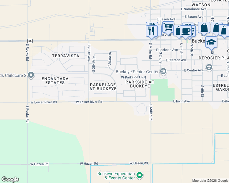 map of restaurants, bars, coffee shops, grocery stores, and more near 9074 South 253rd Avenue in Buckeye