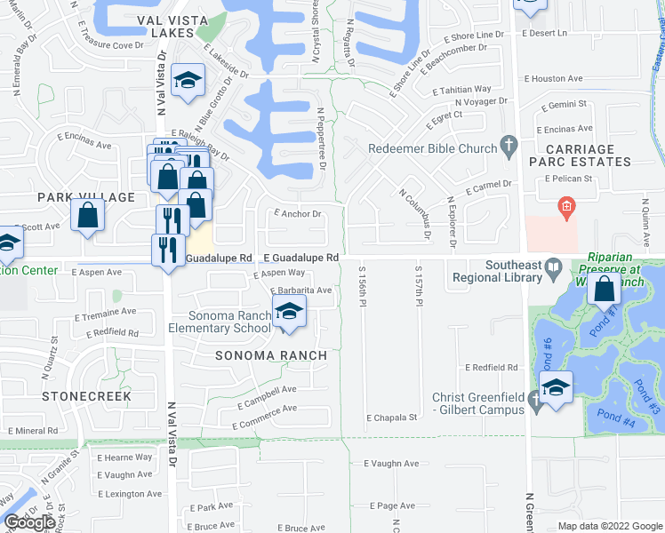 map of restaurants, bars, coffee shops, grocery stores, and more near 1955 East Guadalupe Road in Gilbert