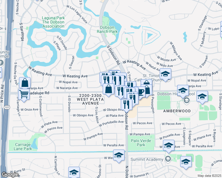 map of restaurants, bars, coffee shops, grocery stores, and more near 2062 West Guadalupe Road in Mesa