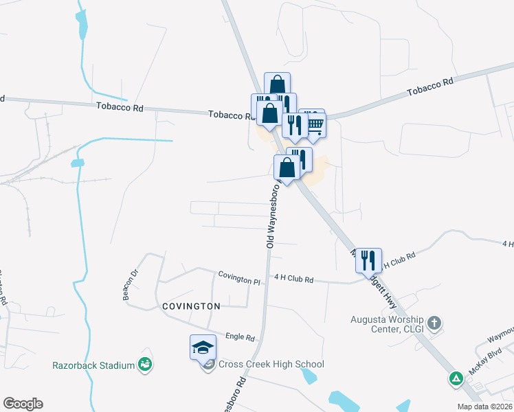 map of restaurants, bars, coffee shops, grocery stores, and more near 1211 Longpoint Drive in Augusta