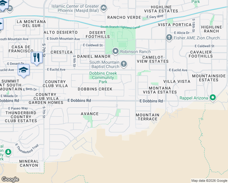 map of restaurants, bars, coffee shops, grocery stores, and more near 1221 East Beth Drive in Phoenix
