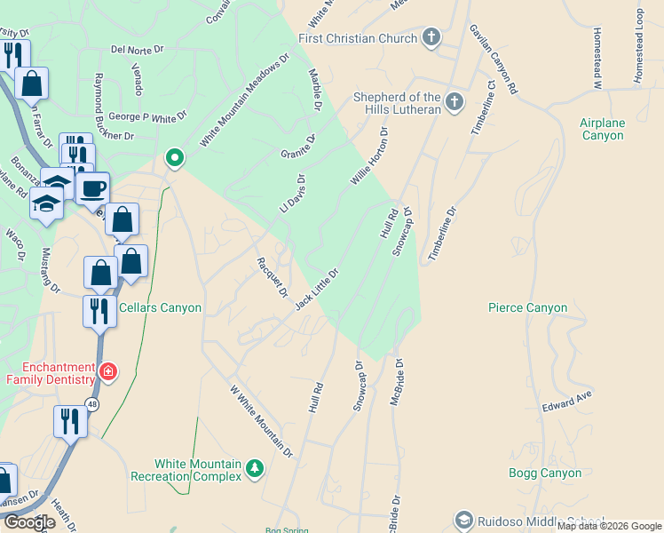 map of restaurants, bars, coffee shops, grocery stores, and more near 100 Willie Horton Drive in Ruidoso