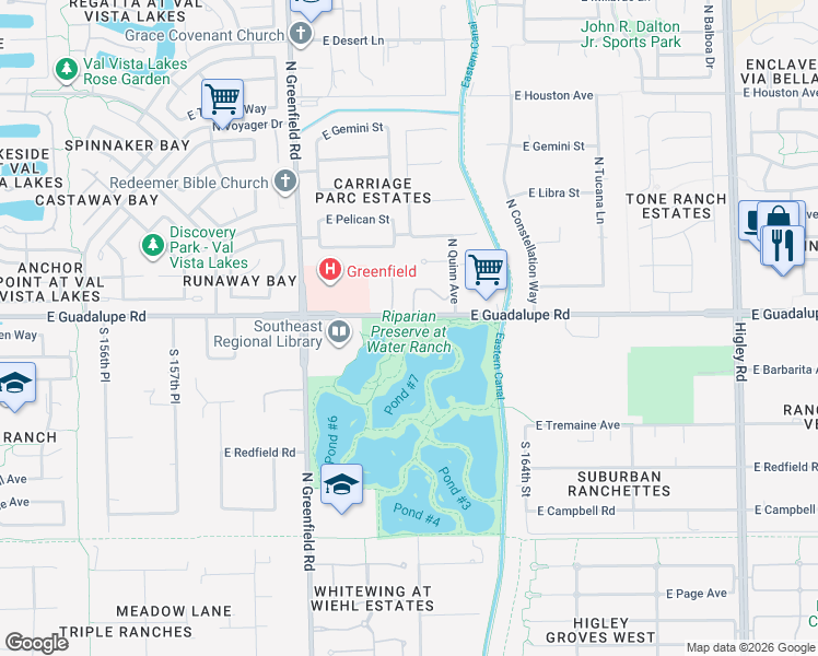 map of restaurants, bars, coffee shops, grocery stores, and more near 2757 East Guadalupe Road in Gilbert