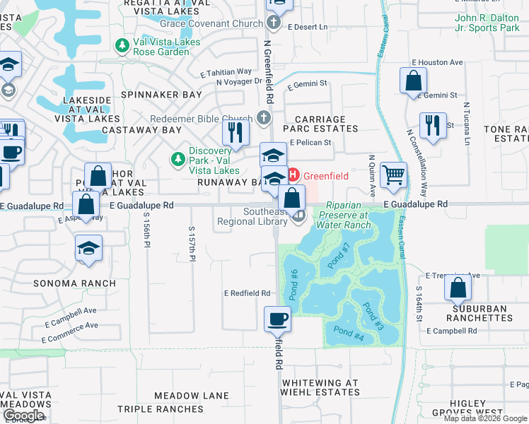 map of restaurants, bars, coffee shops, grocery stores, and more near 2371 E Guadalupe Rd in Gilbert