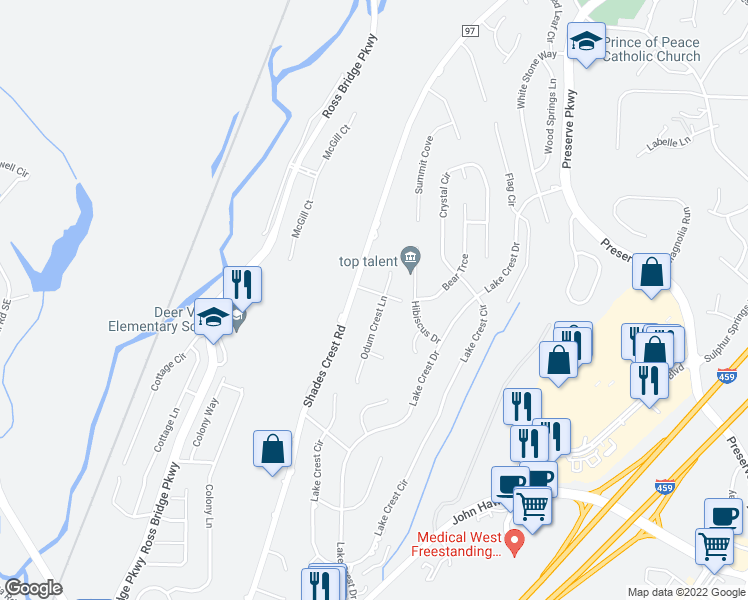 map of restaurants, bars, coffee shops, grocery stores, and more near 214 Odum Crest Lane in Birmingham