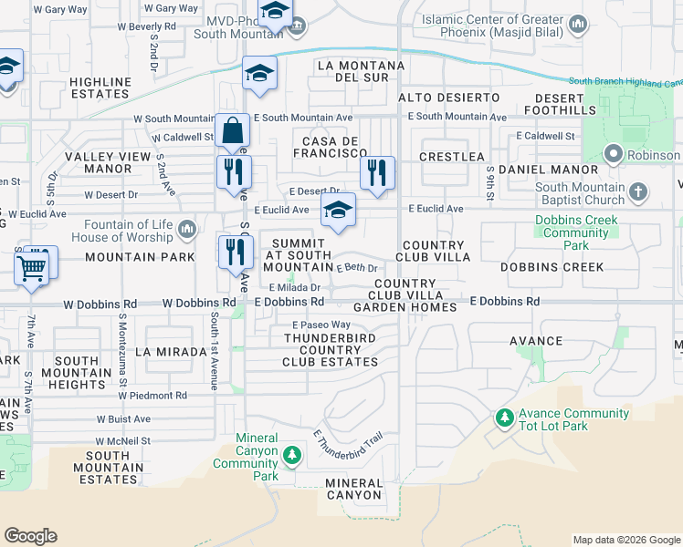 map of restaurants, bars, coffee shops, grocery stores, and more near 503 East Beth Drive in Phoenix