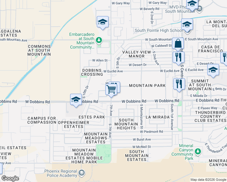 map of restaurants, bars, coffee shops, grocery stores, and more near 9011 South 7th Avenue in Phoenix