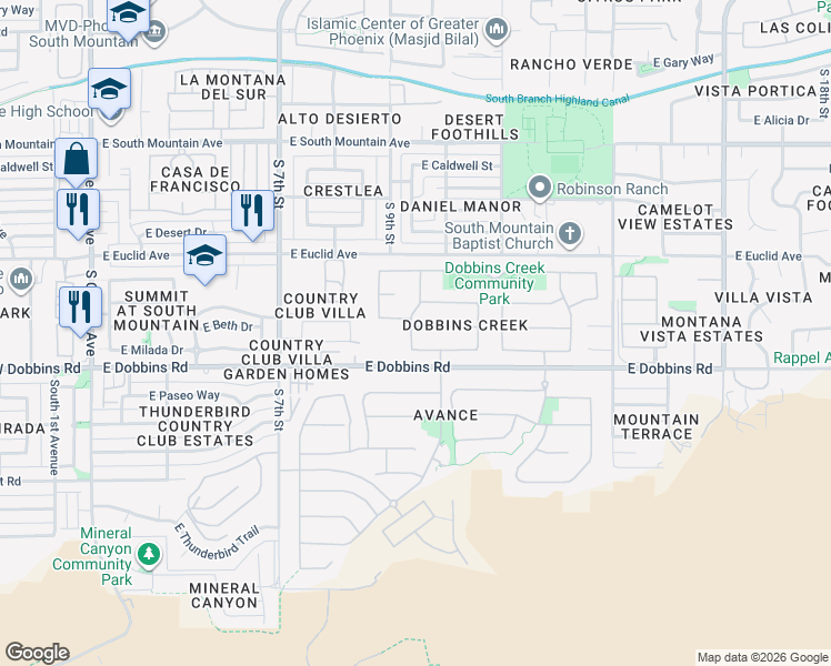 map of restaurants, bars, coffee shops, grocery stores, and more near 1005 East Beth Drive in Phoenix