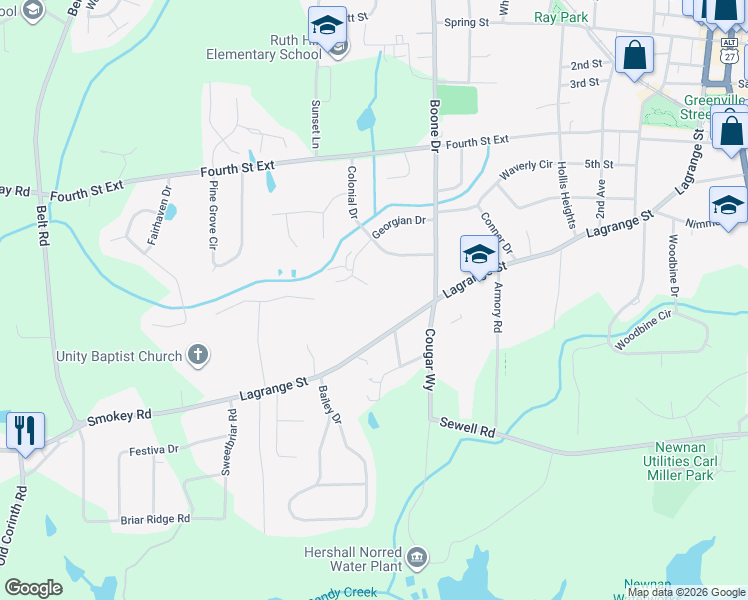 map of restaurants, bars, coffee shops, grocery stores, and more near 5 Mink Hollow Court in Newnan
