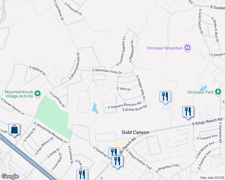 map of restaurants, bars, coffee shops, grocery stores, and more near 8629 East Aloe Drive in Gold Canyon