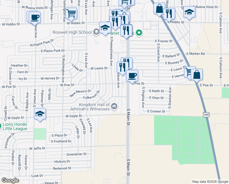 map of restaurants, bars, coffee shops, grocery stores, and more near 2107 South Pennsylvania Avenue in Roswell