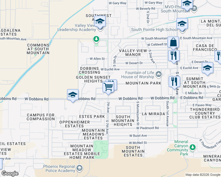 map of restaurants, bars, coffee shops, grocery stores, and more near 9011 South 7th Avenue in Phoenix