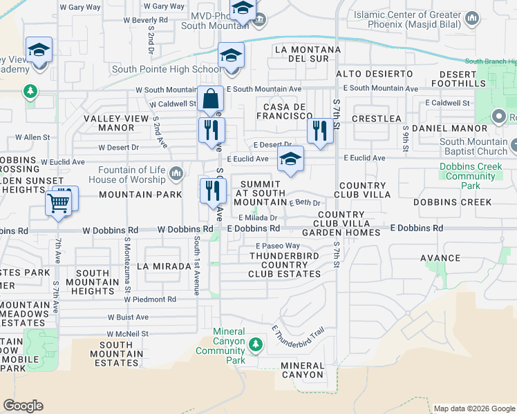map of restaurants, bars, coffee shops, grocery stores, and more near 215 East Beth Drive in Phoenix
