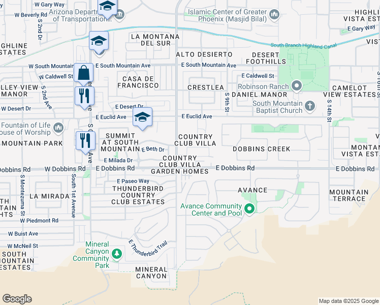 map of restaurants, bars, coffee shops, grocery stores, and more near 9025 South 7th Place in Phoenix