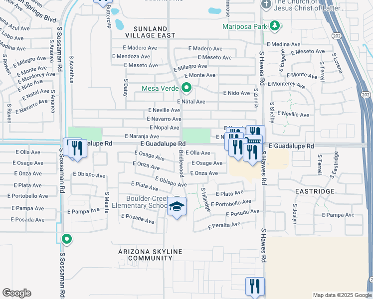 map of restaurants, bars, coffee shops, grocery stores, and more near 8064 E Olla Ave in Mesa