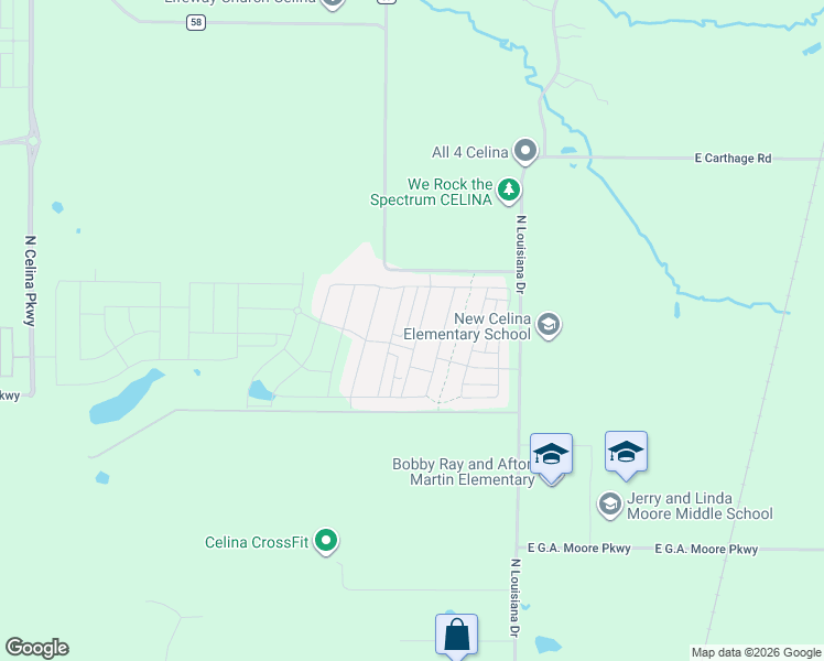 map of restaurants, bars, coffee shops, grocery stores, and more near 3170 North Louisiana Drive in Celina