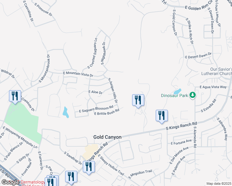 map of restaurants, bars, coffee shops, grocery stores, and more near 5533 South Juniper Hills Drive in Gold Canyon