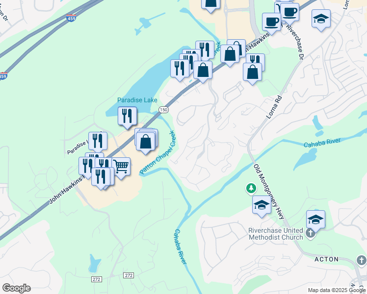 map of restaurants, bars, coffee shops, grocery stores, and more near 6149 Crowne Falls Parkway in Birmingham