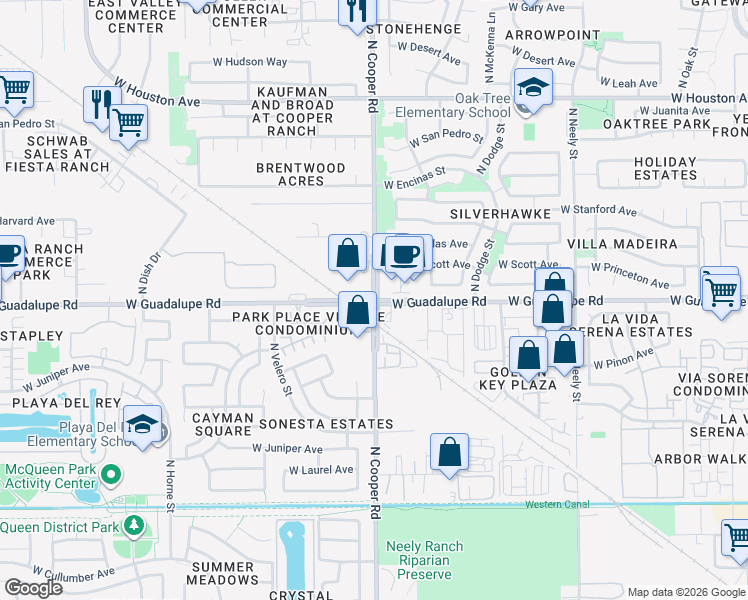 map of restaurants, bars, coffee shops, grocery stores, and more near North Cooper Road in Gilbert