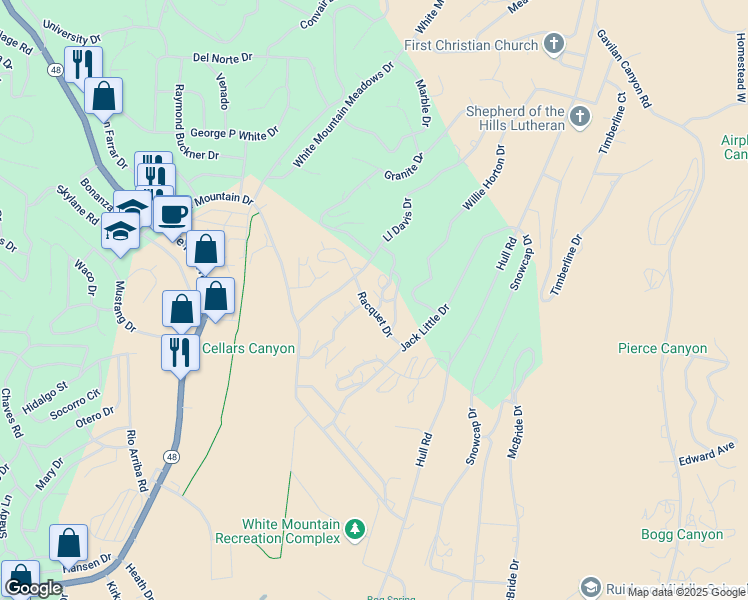 map of restaurants, bars, coffee shops, grocery stores, and more near 202 Racquet Drive in Ruidoso