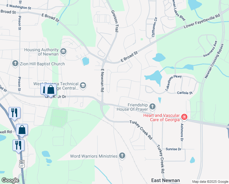 map of restaurants, bars, coffee shops, grocery stores, and more near 77 Tahoe Drive in Newnan