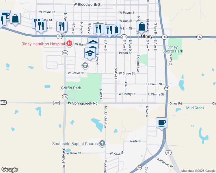 map of restaurants, bars, coffee shops, grocery stores, and more near 311 West Church Street in Olney