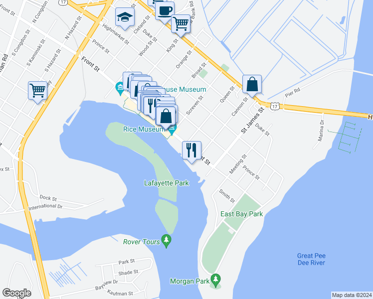 map of restaurants, bars, coffee shops, grocery stores, and more near 531 Front Street in Georgetown