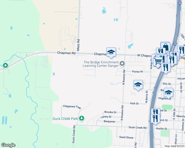 map of restaurants, bars, coffee shops, grocery stores, and more near 2503 Wichita Trail in Sanger