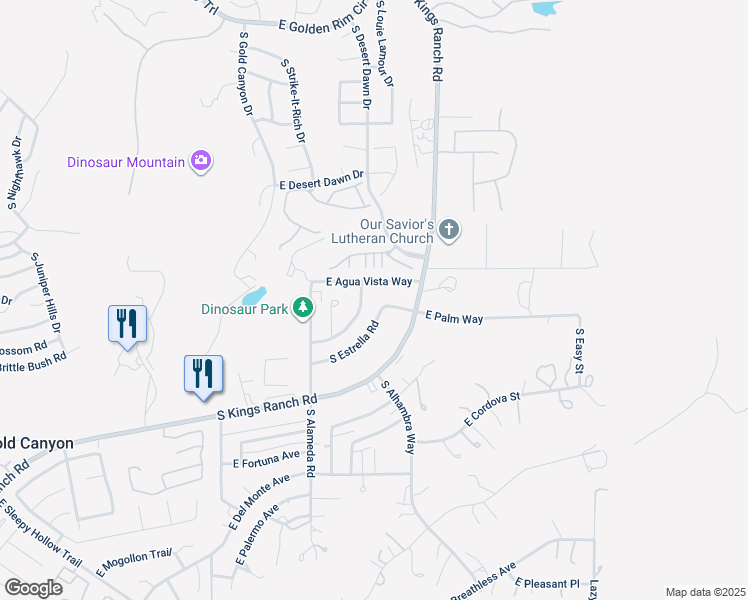 map of restaurants, bars, coffee shops, grocery stores, and more near 5580 South Estrella Road in Gold Canyon