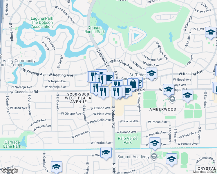 map of restaurants, bars, coffee shops, grocery stores, and more near 2010 West Guadalupe Road in Mesa
