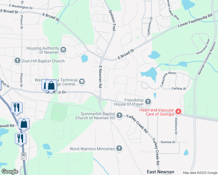 map of restaurants, bars, coffee shops, grocery stores, and more near 228 Preserve Drive in Newnan