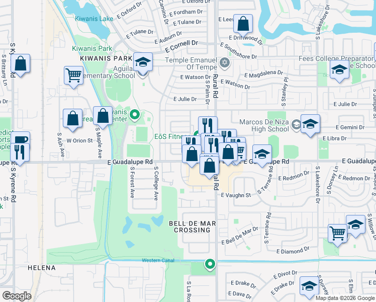 map of restaurants, bars, coffee shops, grocery stores, and more near 510 East Pegasus Drive in Tempe