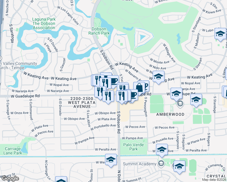 map of restaurants, bars, coffee shops, grocery stores, and more near 2010 West Guadalupe Road in Mesa