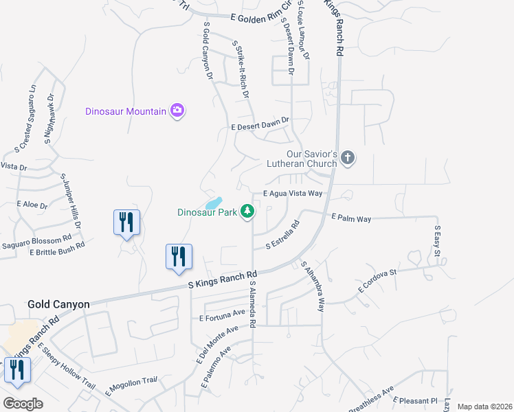map of restaurants, bars, coffee shops, grocery stores, and more near 5579 South Alameda Road in Gold Canyon