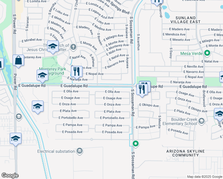 map of restaurants, bars, coffee shops, grocery stores, and more near 7448 East Olla Avenue in Mesa
