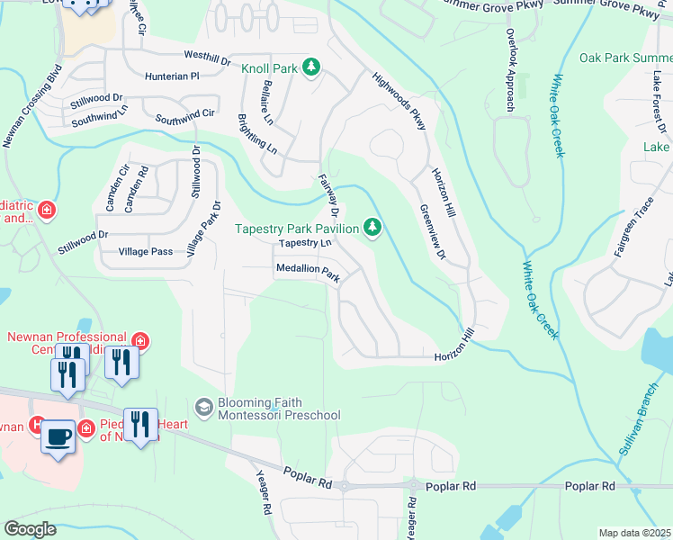 map of restaurants, bars, coffee shops, grocery stores, and more near 11 Medallion Park in Newnan