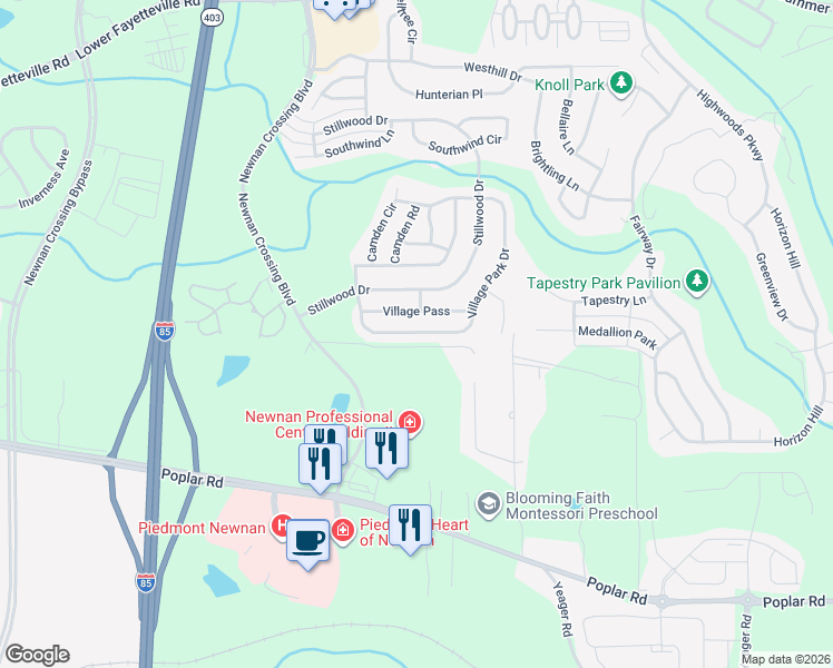map of restaurants, bars, coffee shops, grocery stores, and more near 67 Village Park Drive in Newnan
