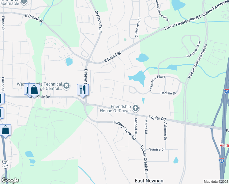 map of restaurants, bars, coffee shops, grocery stores, and more near 30 Huron Street in Newnan