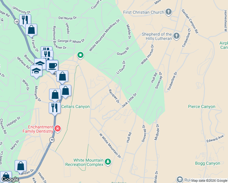 map of restaurants, bars, coffee shops, grocery stores, and more near 202 Racquet Drive in Ruidoso