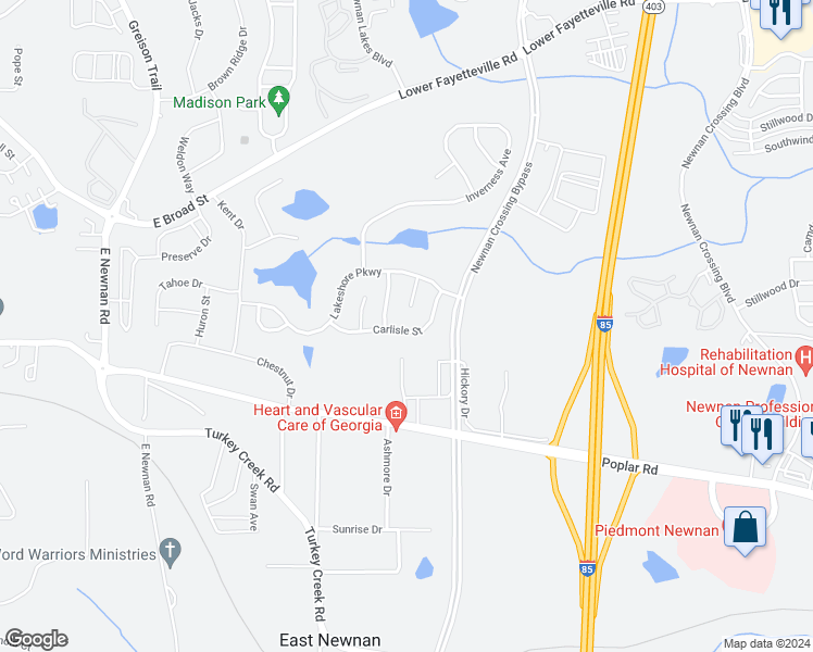 map of restaurants, bars, coffee shops, grocery stores, and more near 100 Carlisle Street in Newnan