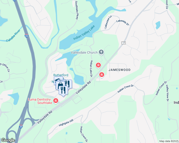 map of restaurants, bars, coffee shops, grocery stores, and more near 1909 Indian Lake Drive in Birmingham