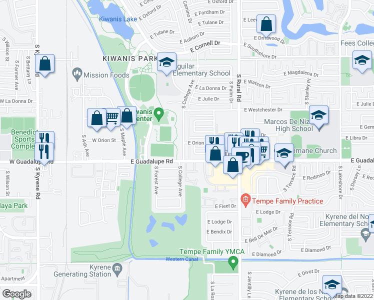 map of restaurants, bars, coffee shops, grocery stores, and more near 6319 South College Avenue in Tempe