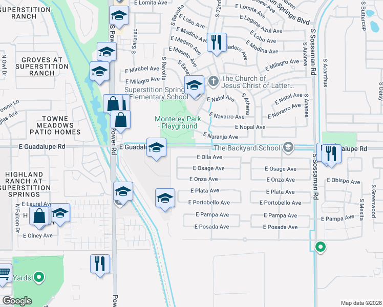 map of restaurants, bars, coffee shops, grocery stores, and more near 7120 East Olla Avenue in Mesa