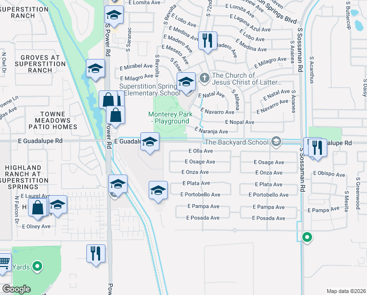map of restaurants, bars, coffee shops, grocery stores, and more near 7120 East Olla Avenue in Mesa