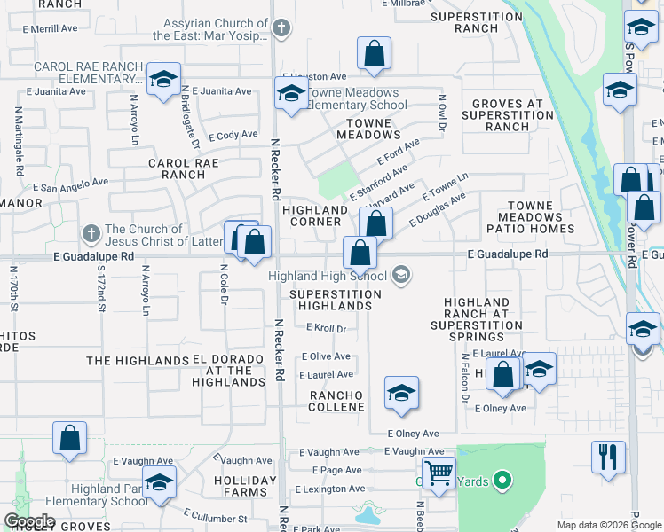 map of restaurants, bars, coffee shops, grocery stores, and more near 4110 East Aspen Way in Gilbert