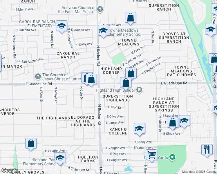 map of restaurants, bars, coffee shops, grocery stores, and more near 4048 East Aspen Way in Gilbert